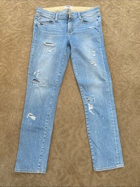 PAIGE Light Blue Distressed Straight-Leg Jeans